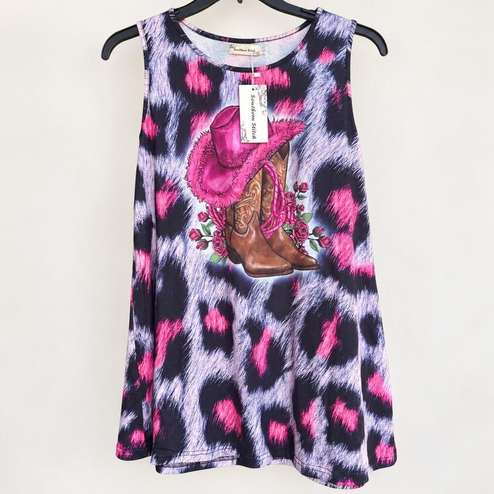 NWT Southern Stitch Cowgirl Boots Pink Leopard Print Tank Tunic Top L